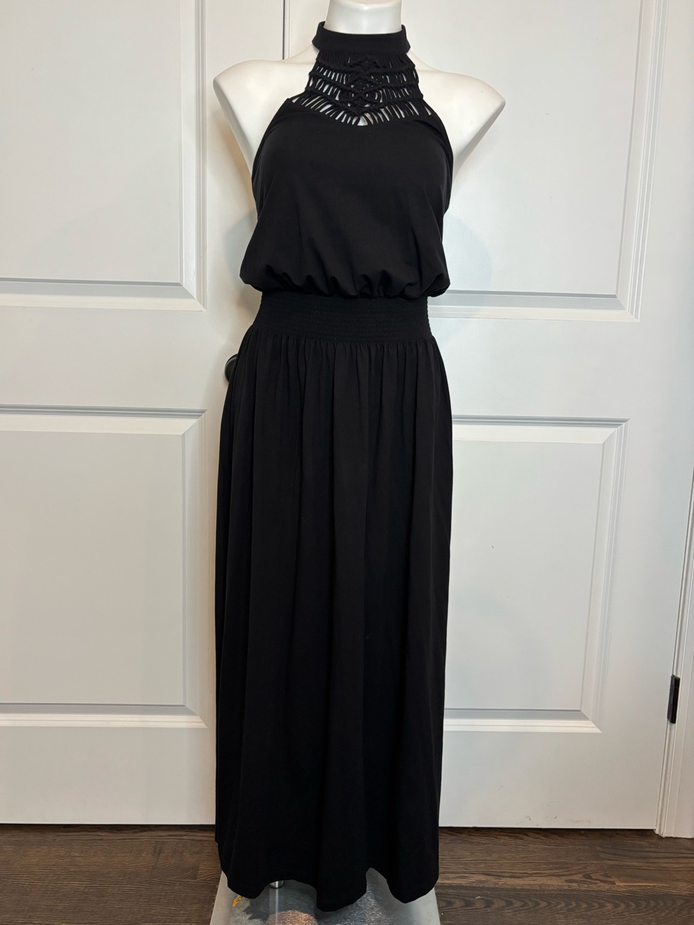 Ramy Brook Black Crochet Halter Midi Dress Pima Cotton XS